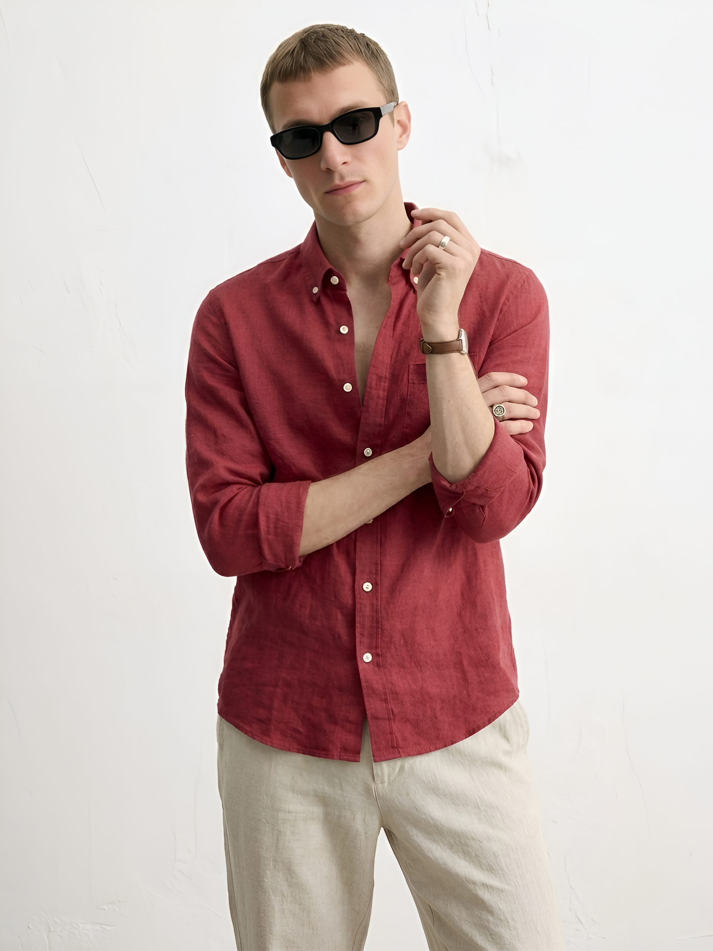 Linen Blend Solid Casual Shirt (Crimson Red)