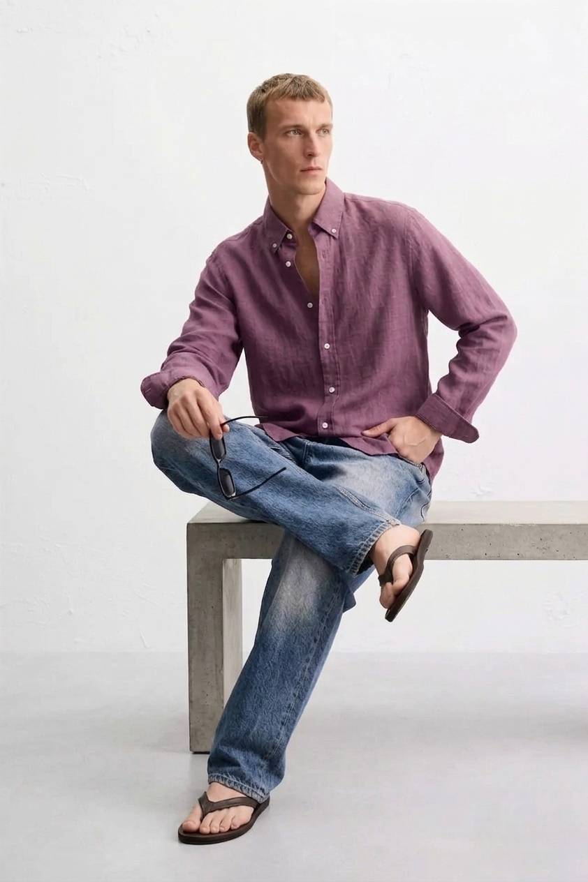 Linen Blend Solid Casual Shirt (Dusty Mauve)