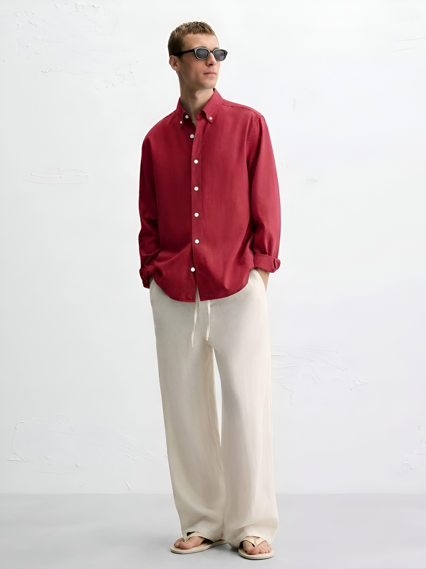 Linen Blend Solid Casual Shirt (Crimson Red)