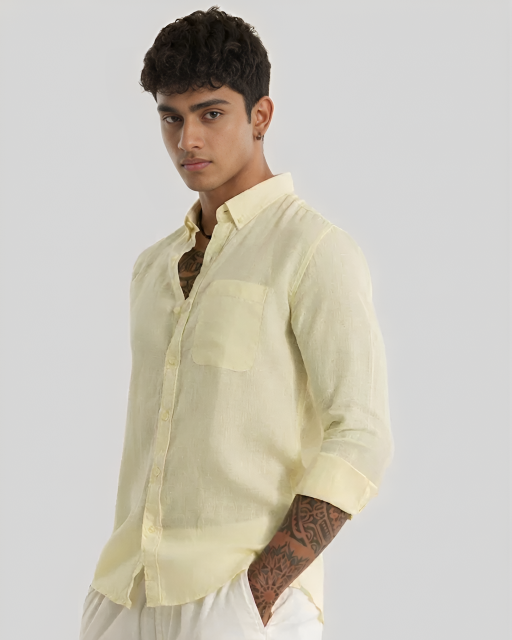 MENLEI Yellow Cream Linen Blend Shirt