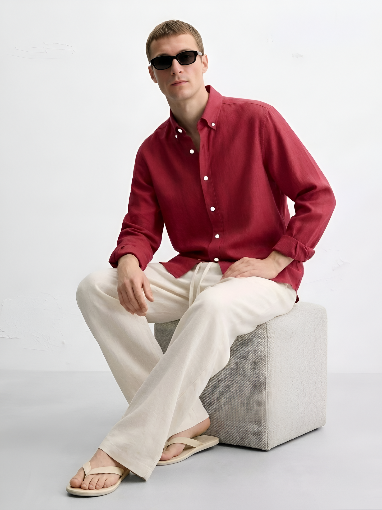 Linen Blend Solid Casual Shirt (Crimson Red)