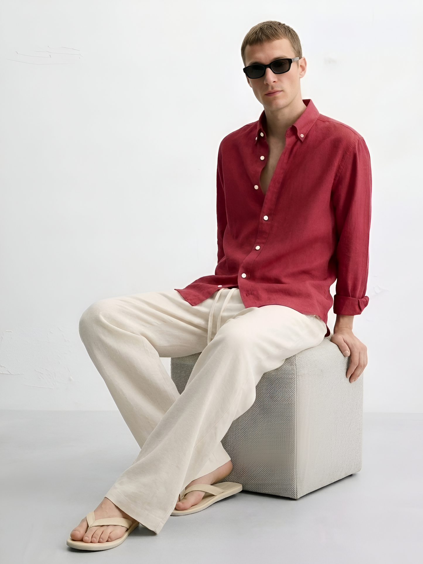 Linen Blend Solid Casual Shirt (Crimson Red)
