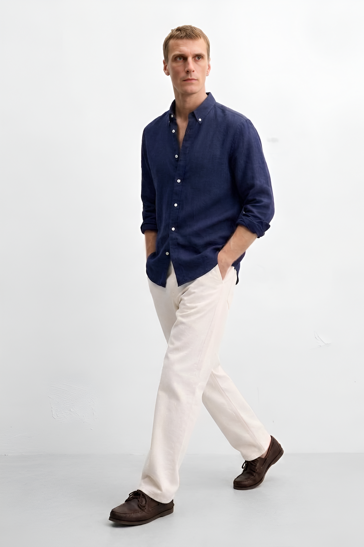 Men's Linen Blend Solid Casual Shirt (Navy Blue)