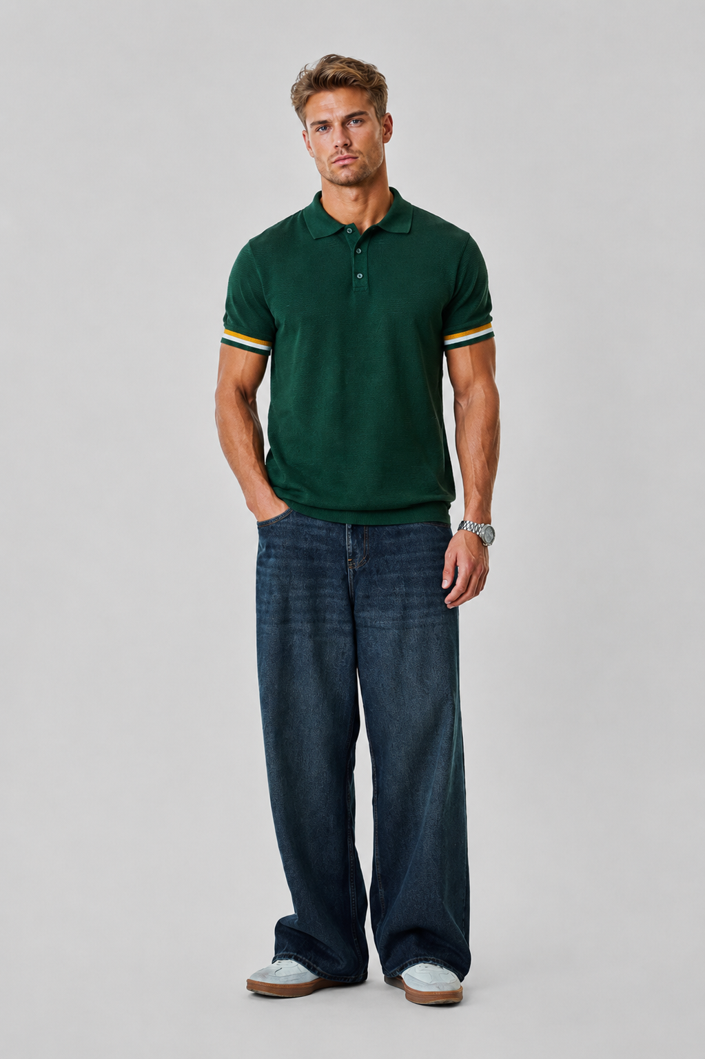 MENLIE F & CO Textured Knit Polo T-Shirt – Emerald Green
