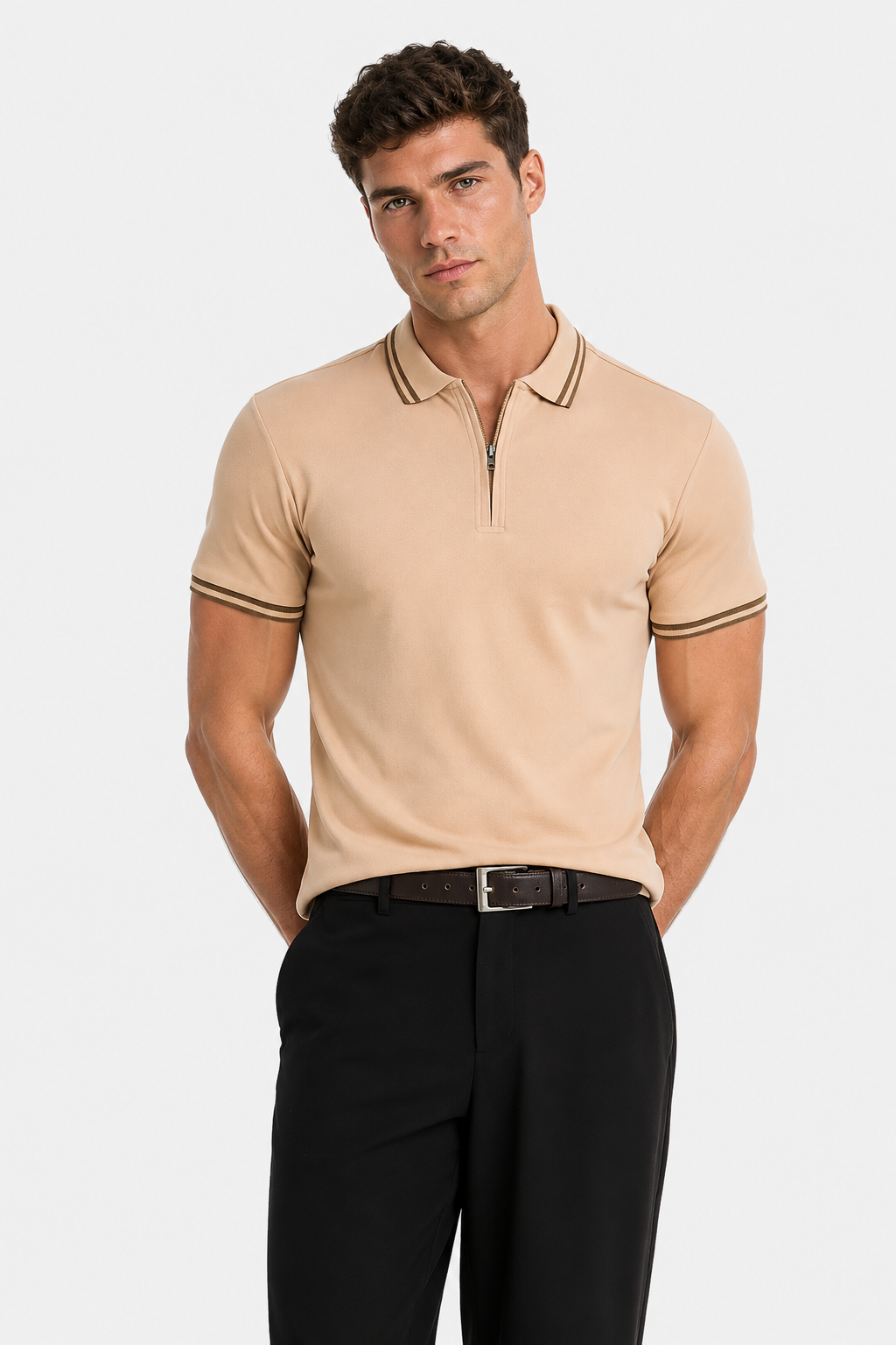 MENLIE F & CO Luxe Zip Polo T-Shirt – Sand Beige