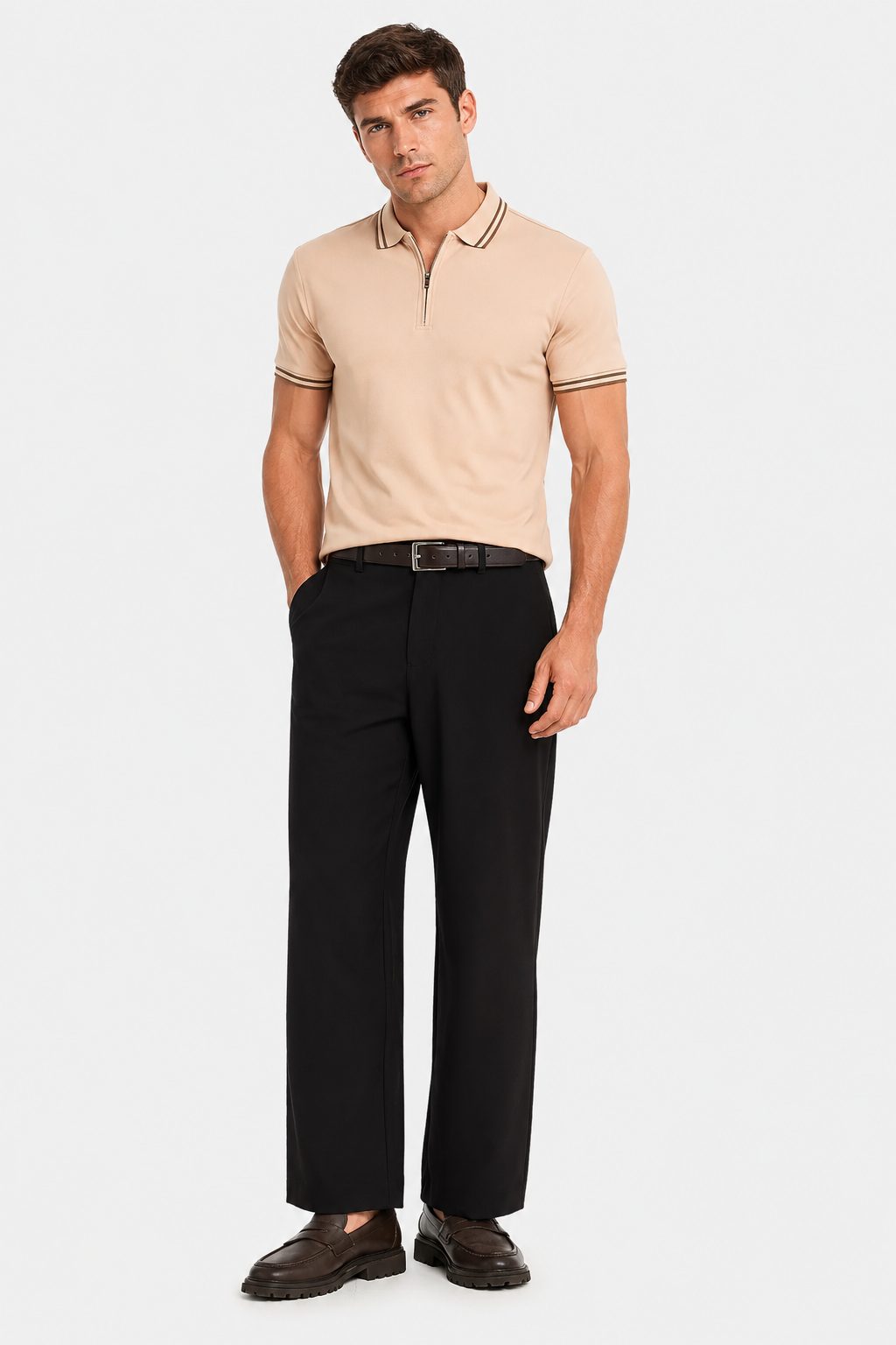 MENLIE F & CO Luxe Zip Polo T-Shirt – Sand Beige