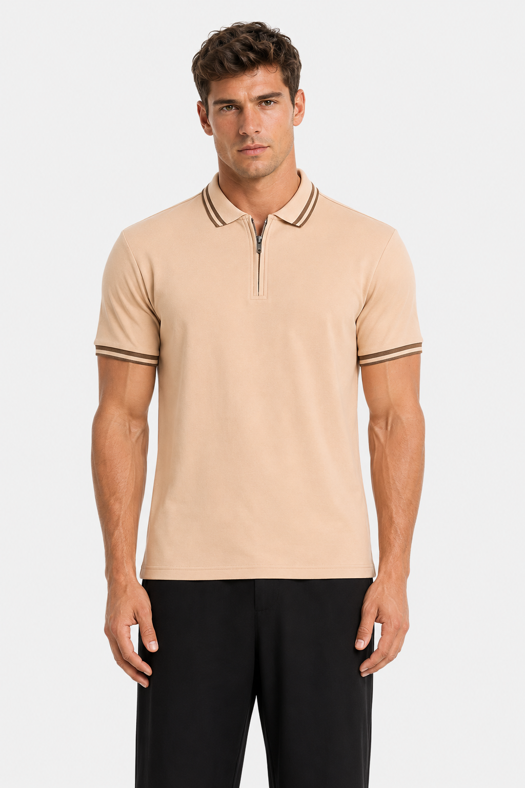 MENLIE F & CO Luxe Zip Polo T-Shirt – Sand Beige