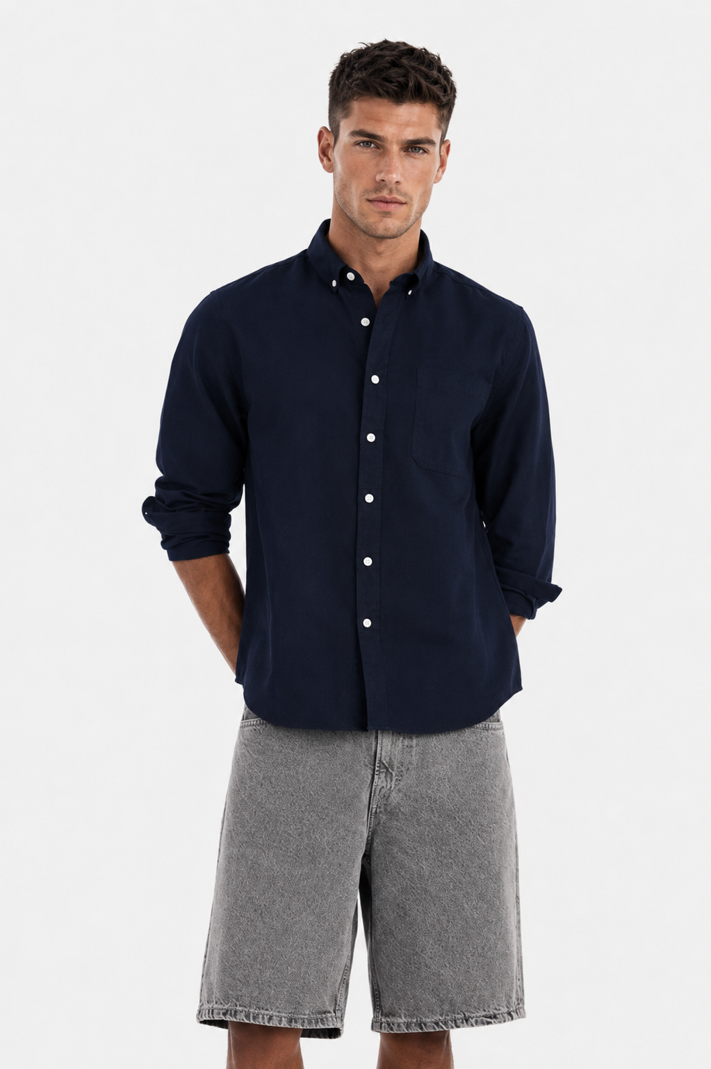 MENLIE F & CO. Midnight Blue Cotton Linen Shirt