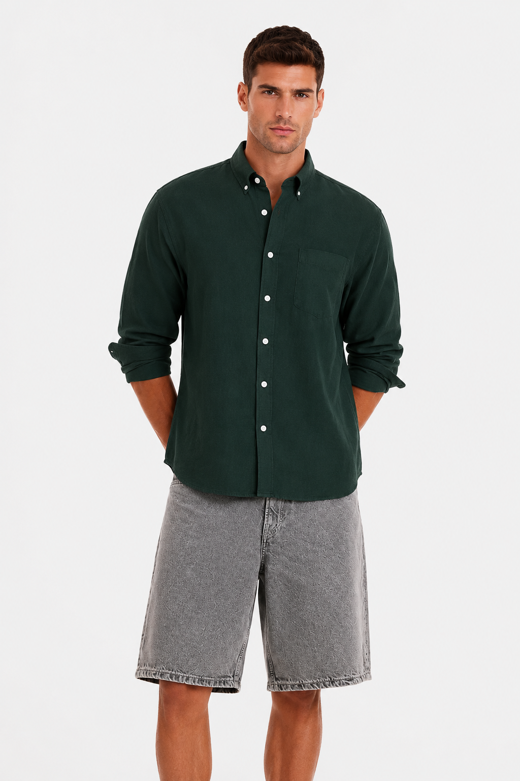 MENLIE F & CO Forest Green Cotton Linen Shirt