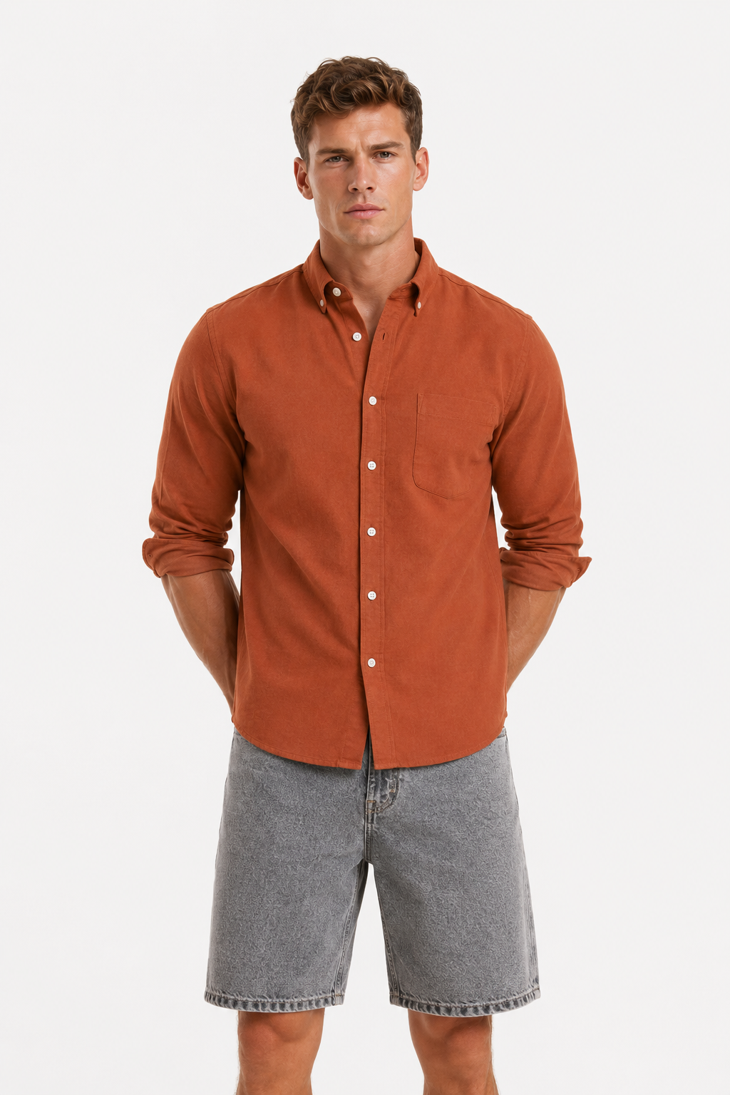 MENLEI F&N Co. Rust Orange Linen Blend Shirt