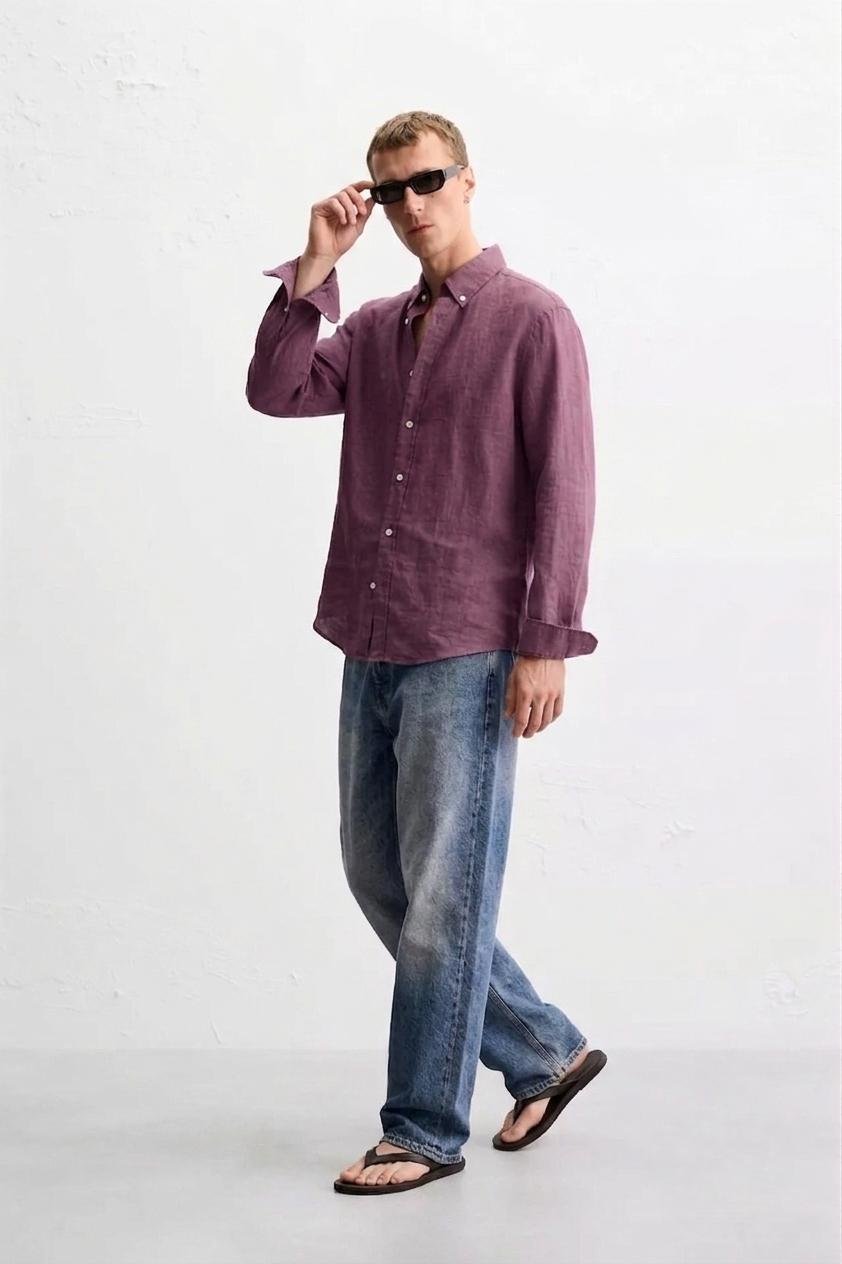 Linen Blend Solid Casual Shirt (Dusty Mauve)