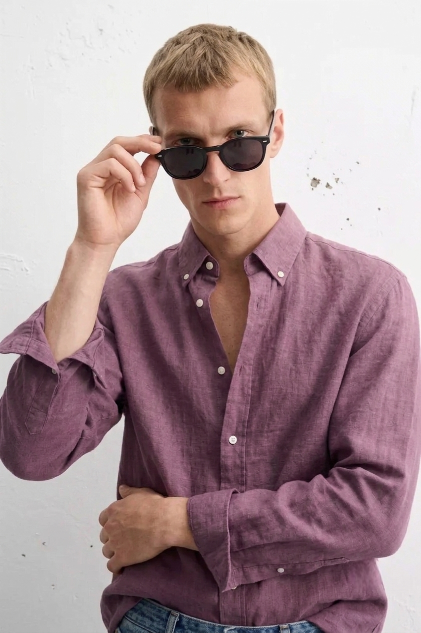 Linen Blend Solid Casual Shirt (Dusty Mauve)