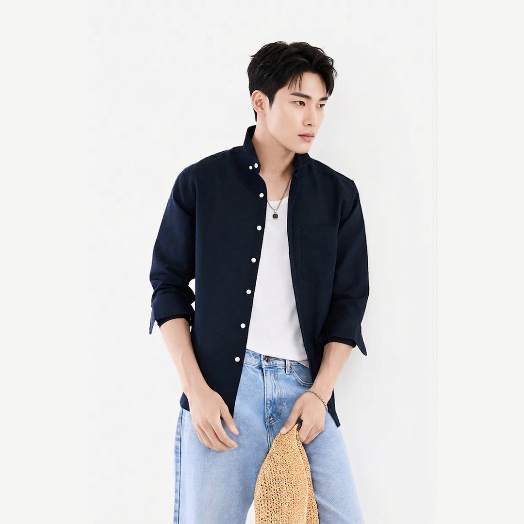 MENLEI Navy Blue Linen Blend Shirt