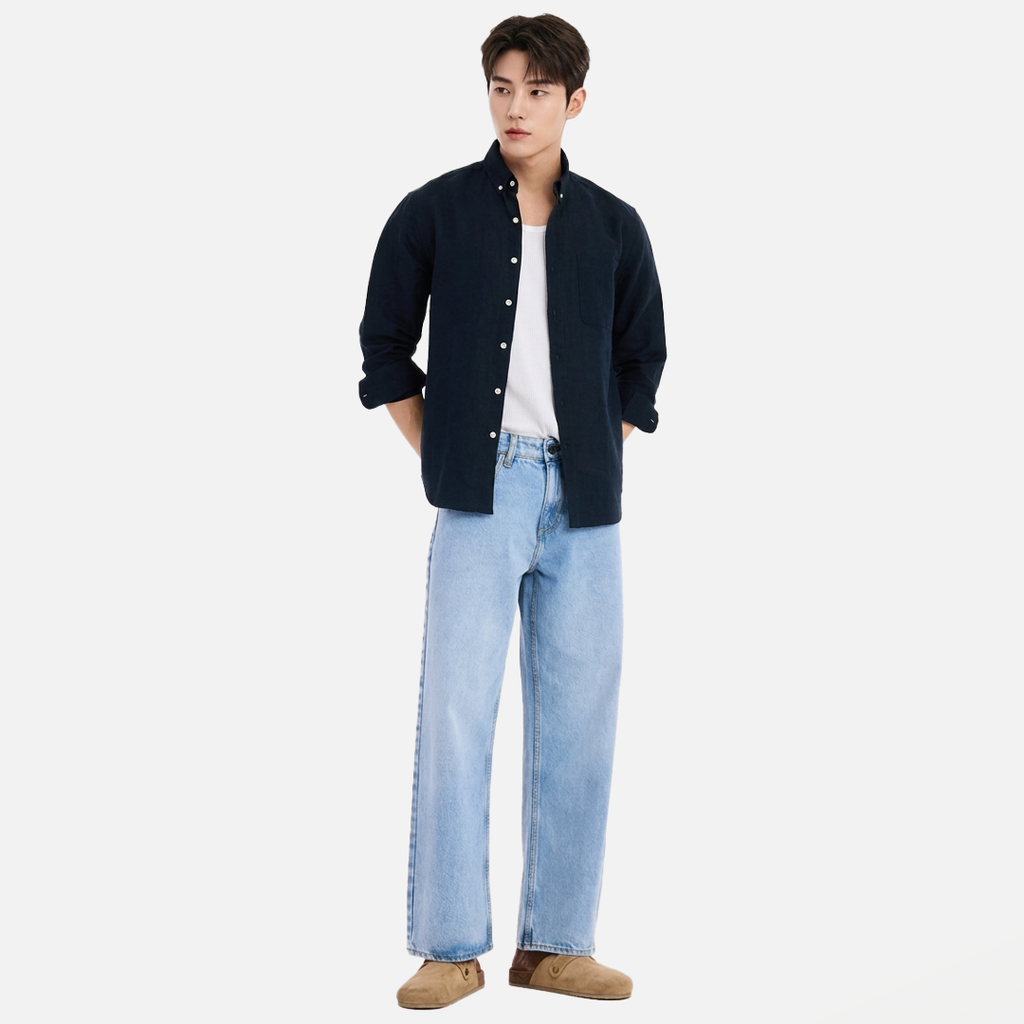 MENLEI Navy Blue Linen Blend Shirt
