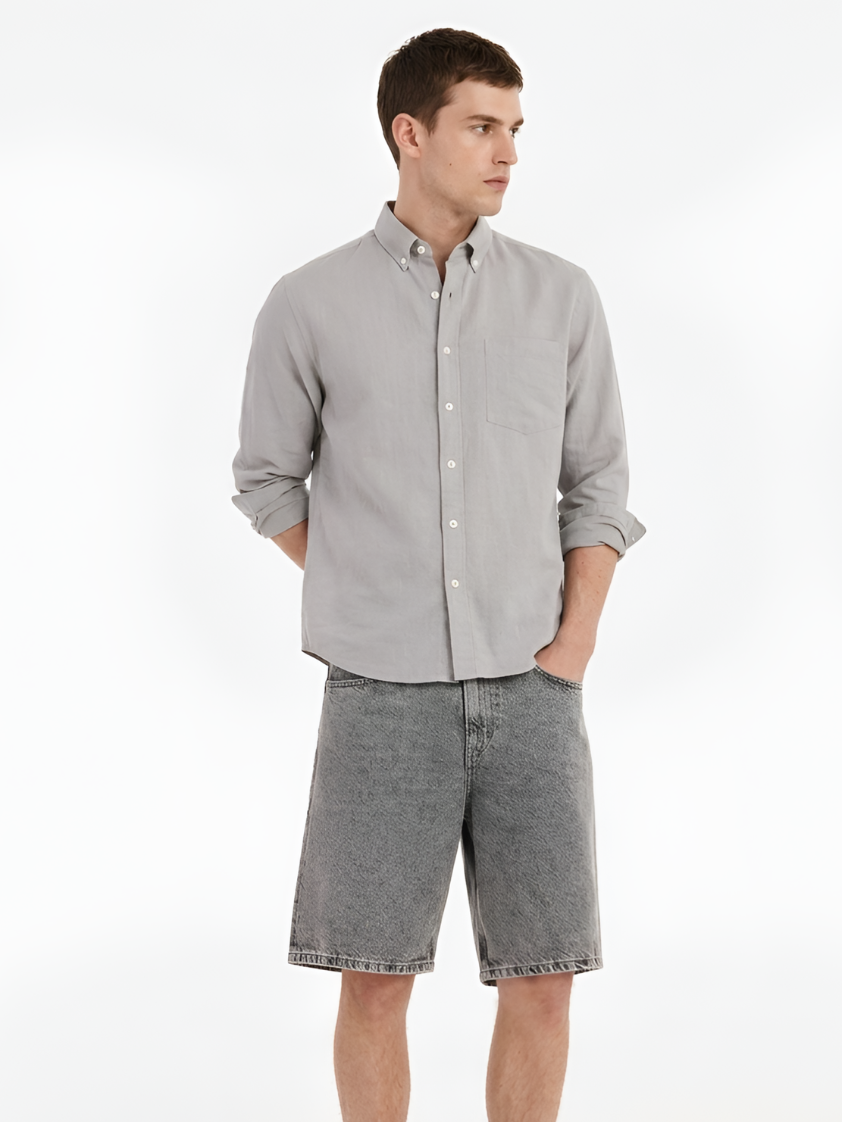 MENLEI Men Light Gray Linen Blend Casual Shirt