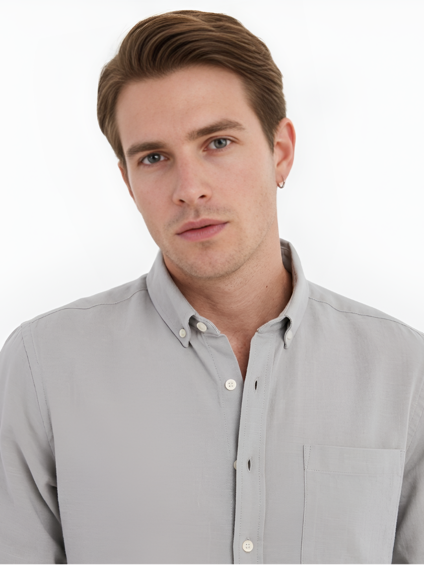 MENLEI Men Light Gray Linen Blend Casual Shirt