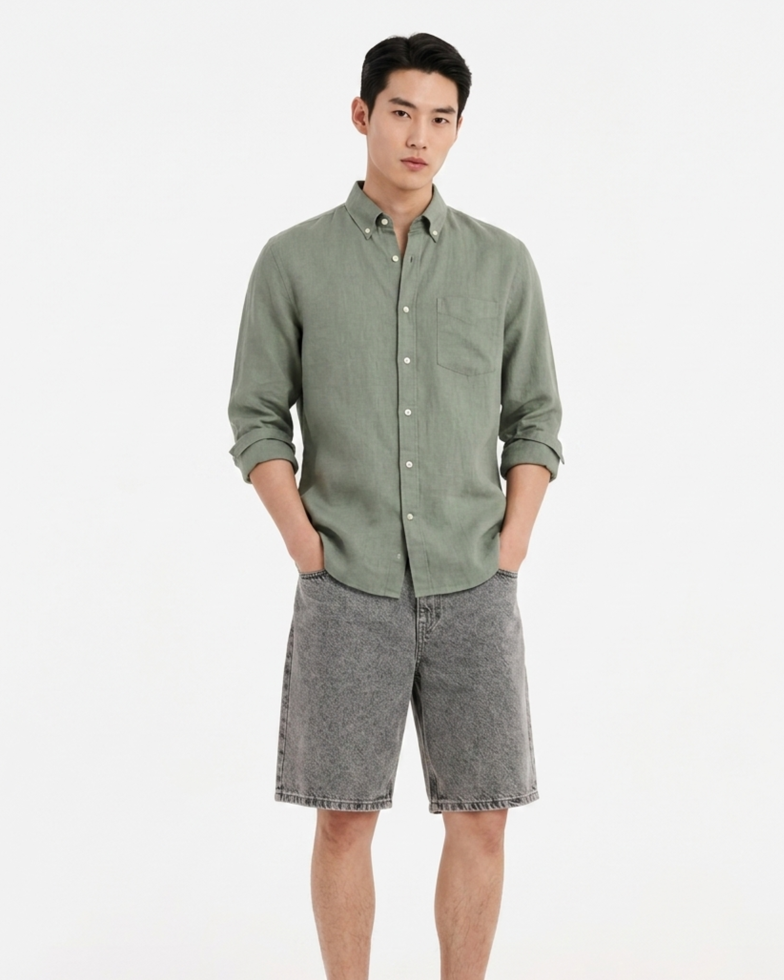 SAGA Men Green Linen Blend Casual Shirt