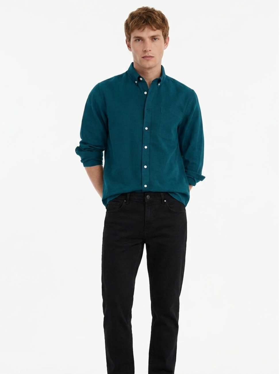 MENLEI teal Linen Blend Shirt