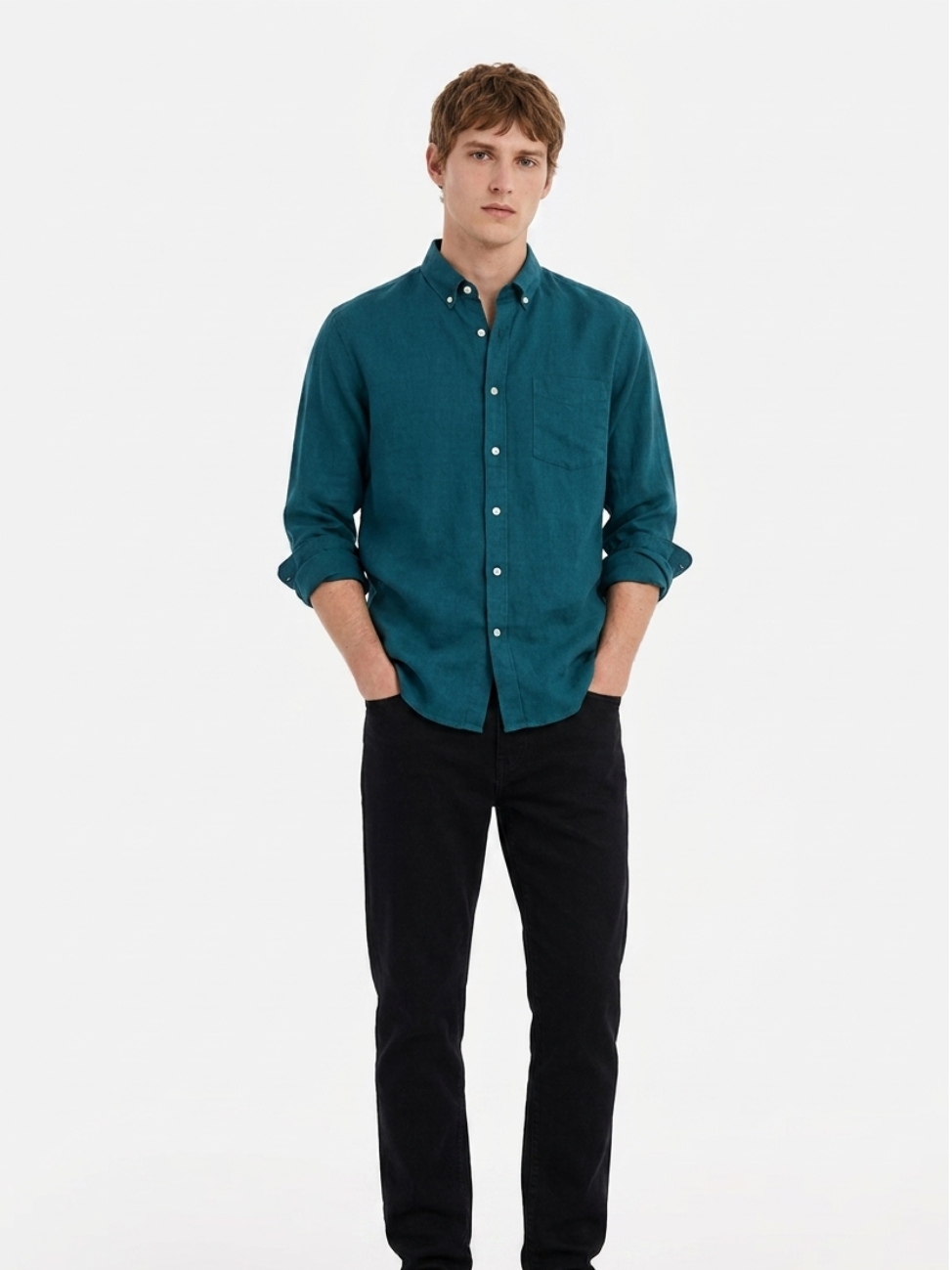 MENLEI teal Linen Blend Shirt