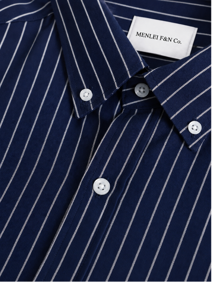 MENLEI Men Navy Blue Striped Cotton Linen Blend Shirt