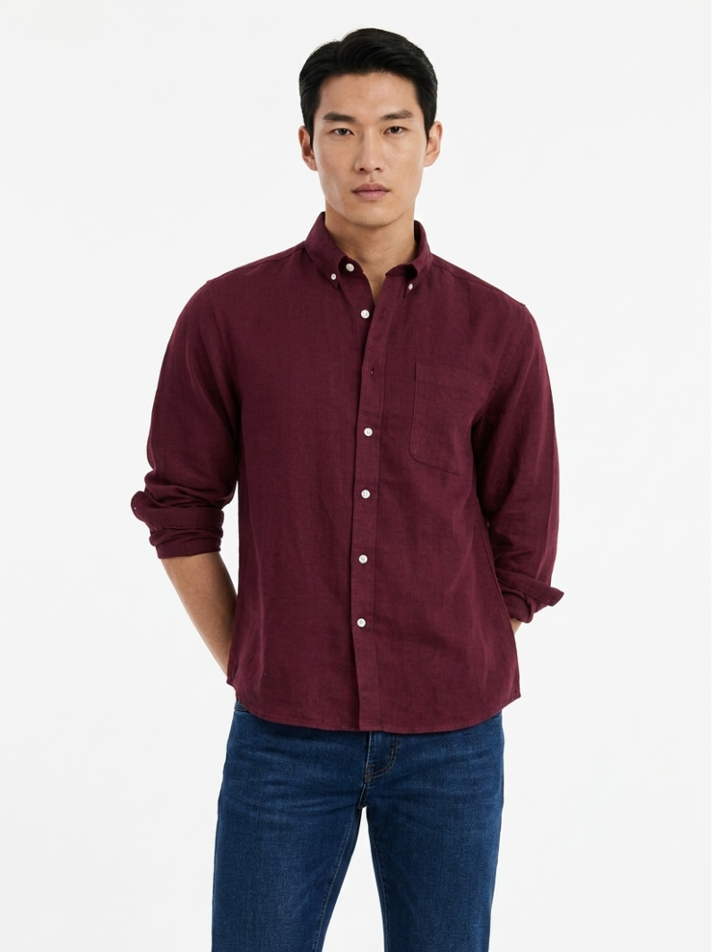 MENLEI Men Burgundy Linen Blend Casual Shirt