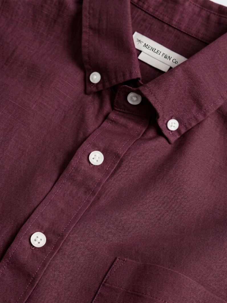 MENLEI Men Burgundy Linen Blend Casual Shirt