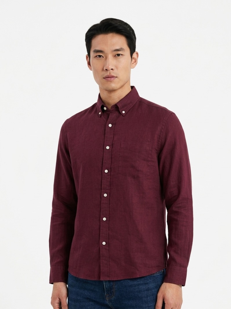 MENLEI Men Burgundy Linen Blend Casual Shirt