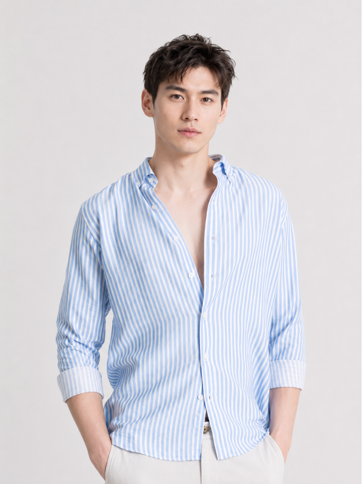 MENLEI Men Sky Blue Striped Cotton Linen Blend Shirt