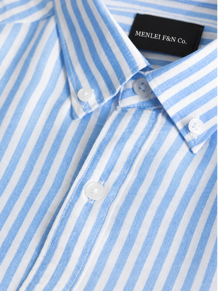 MENLEI Men Sky Blue Striped Cotton Linen Blend Shirt
