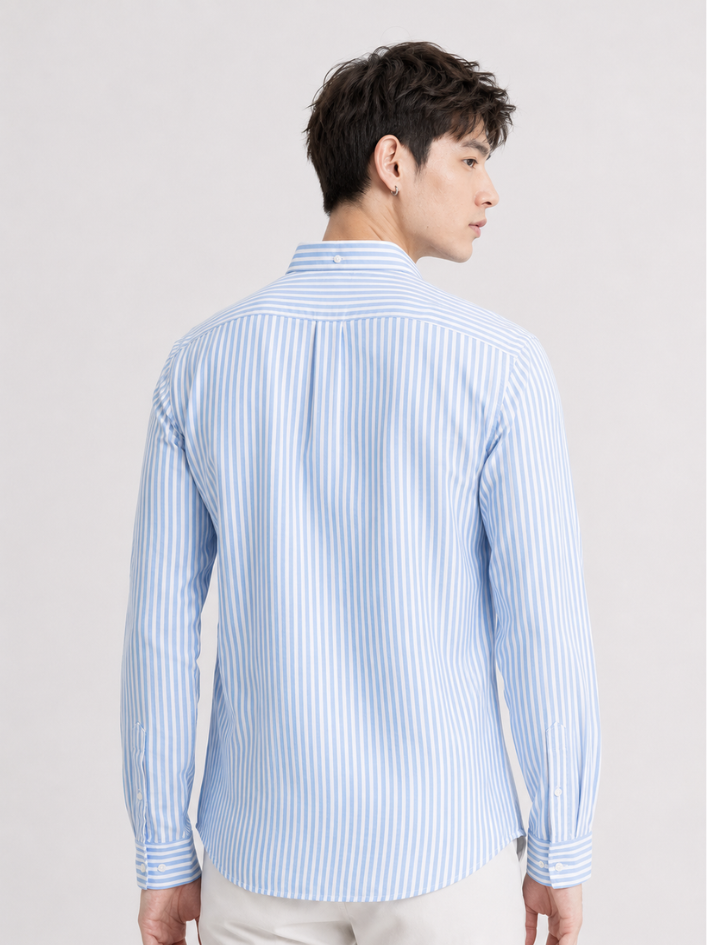 MENLEI Men Sky Blue Striped Cotton Linen Blend Shirt