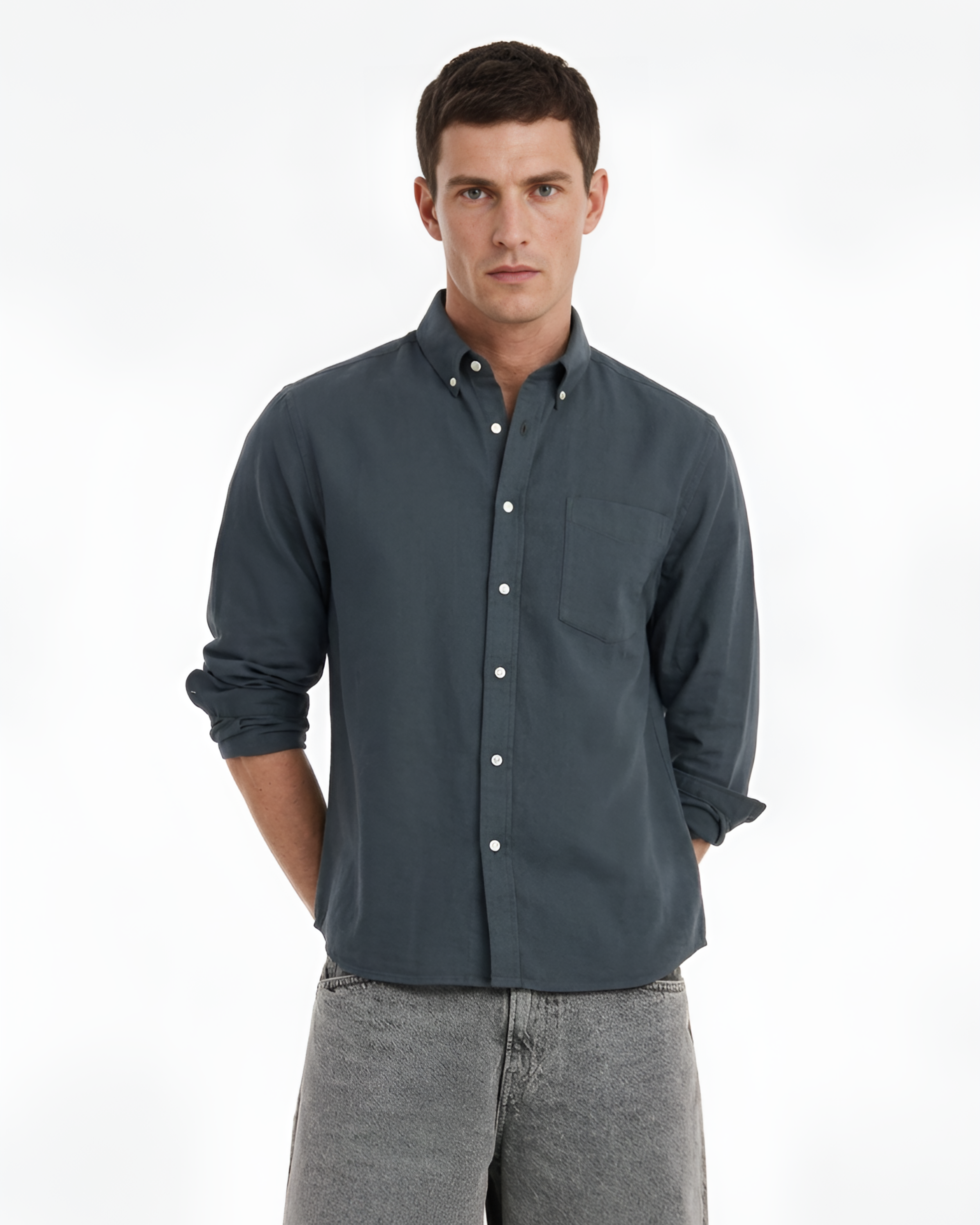 MEN LEI Men Charcoal Gray Linen Blend Casual Shirt