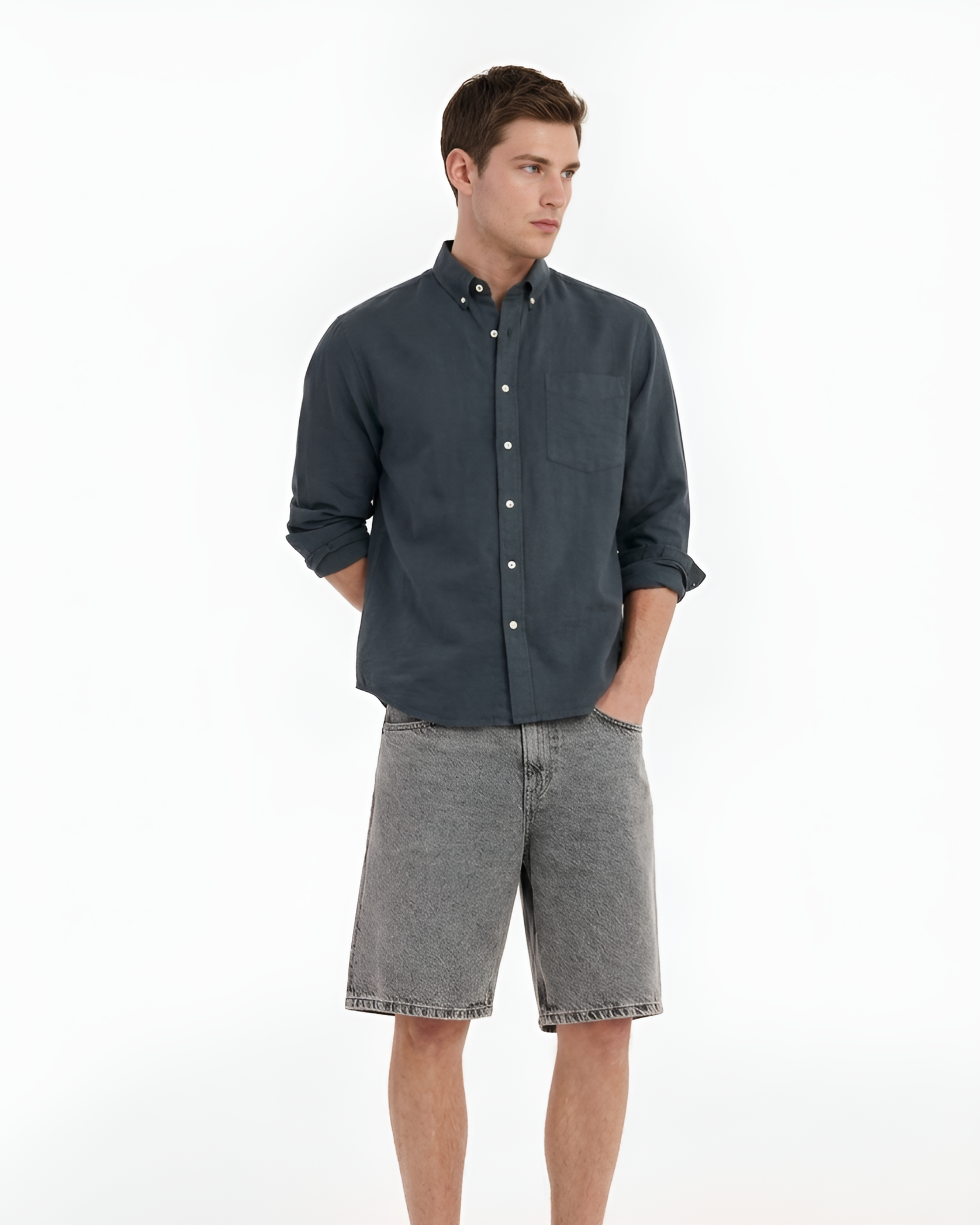 MEN LEI Men Charcoal Gray Linen Blend Casual Shirt