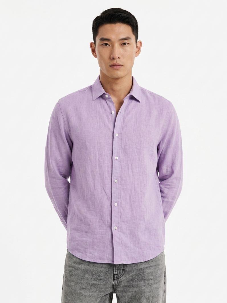 MENLEI Men Lilac Solid Cotton Linen Blend Shirt