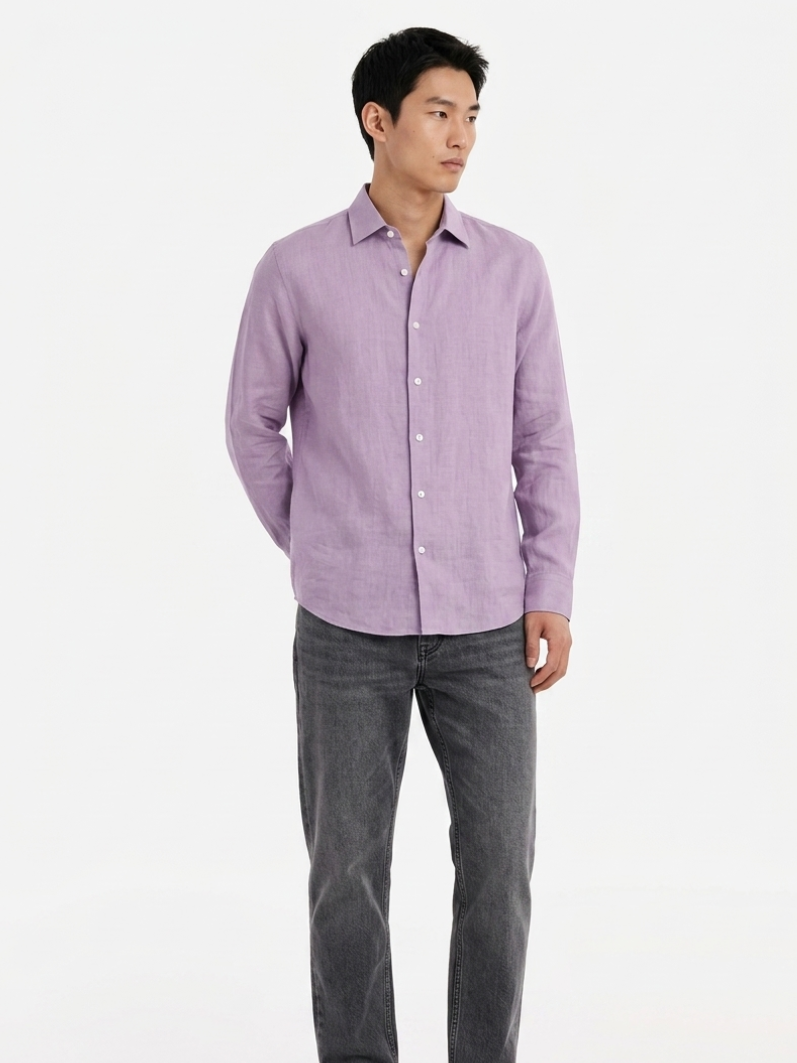 MENLEI Men Lilac Solid Cotton Linen Blend Shirt