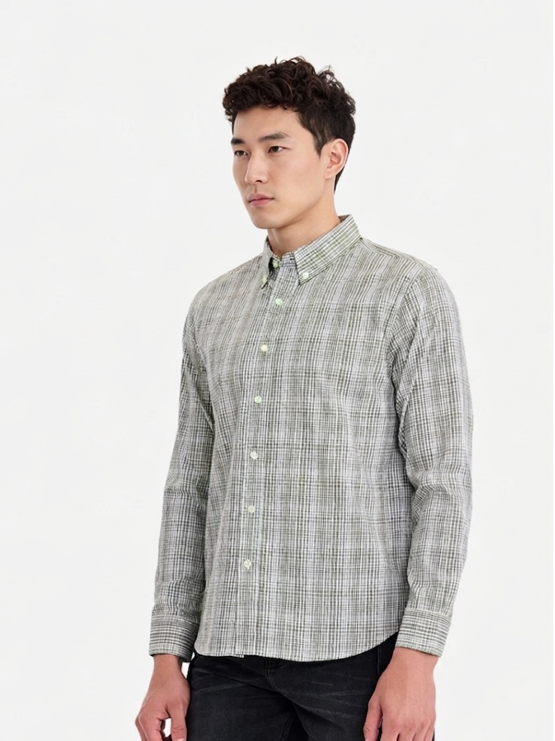 MENLEI Men White Small Checked Cotton Linen Blend Shirt