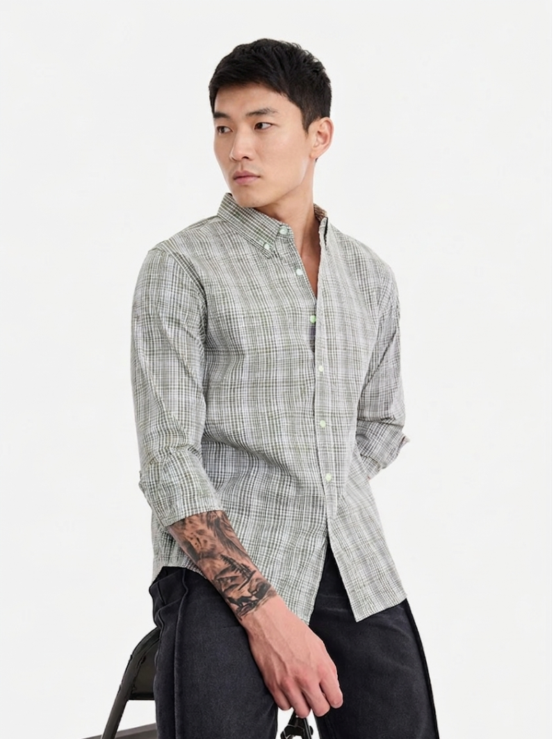 MENLEI Men White Small Checked Cotton Linen Blend Shirt