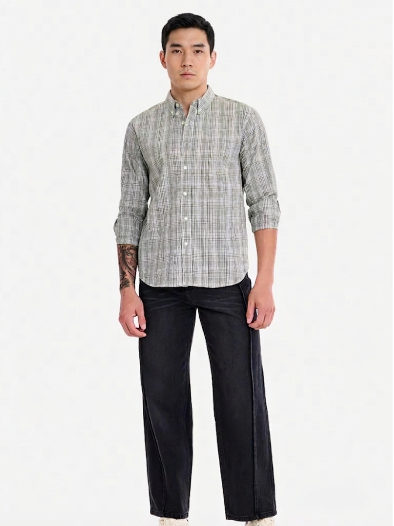 MENLEI Men White Small Checked Cotton Linen Blend Shirt