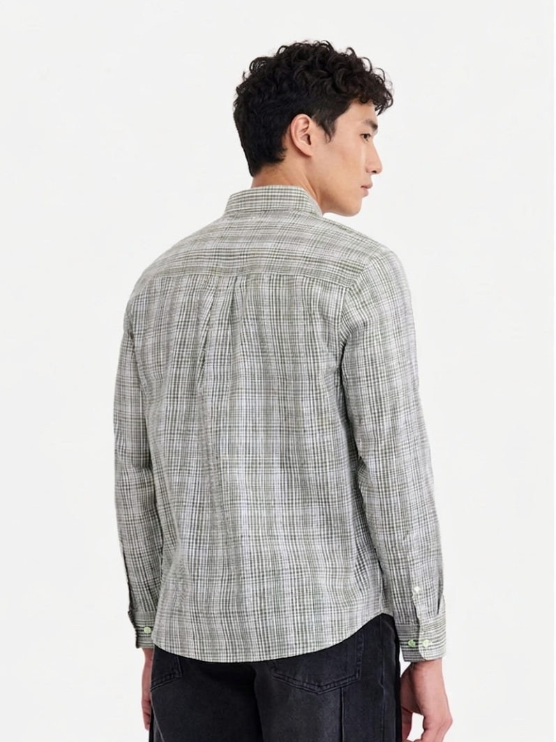MENLEI Men White Small Checked Cotton Linen Blend Shirt
