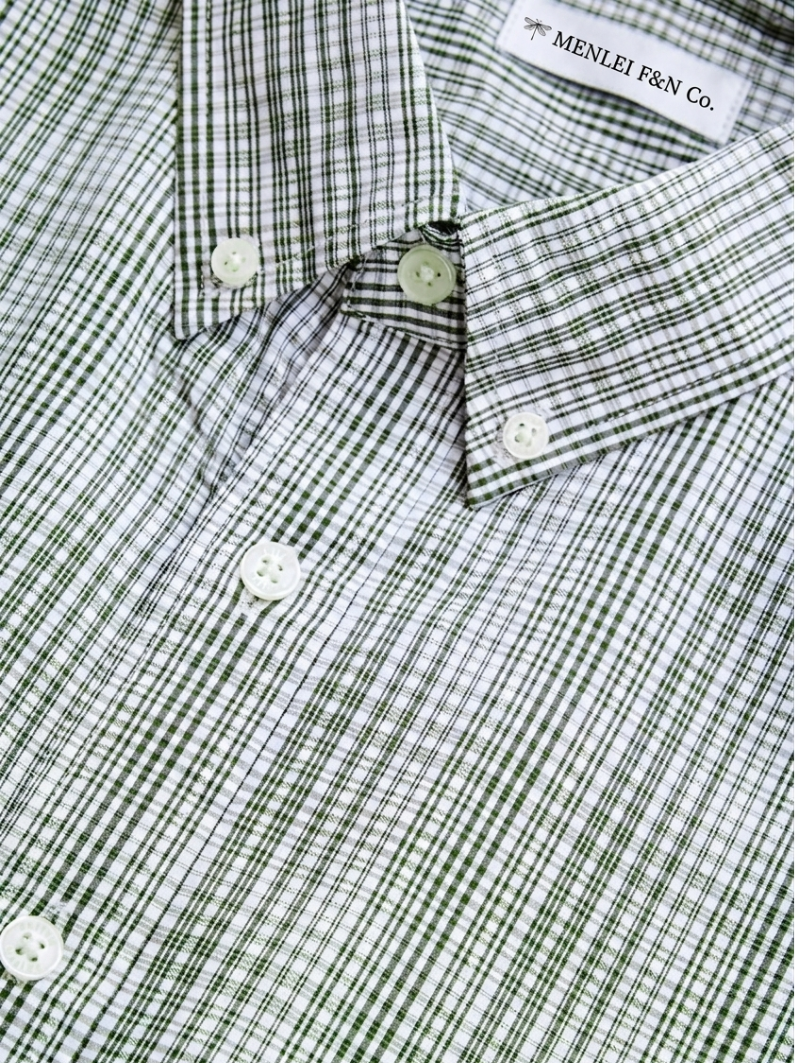 MENLEI Men White Small Checked Cotton Linen Blend Shirt