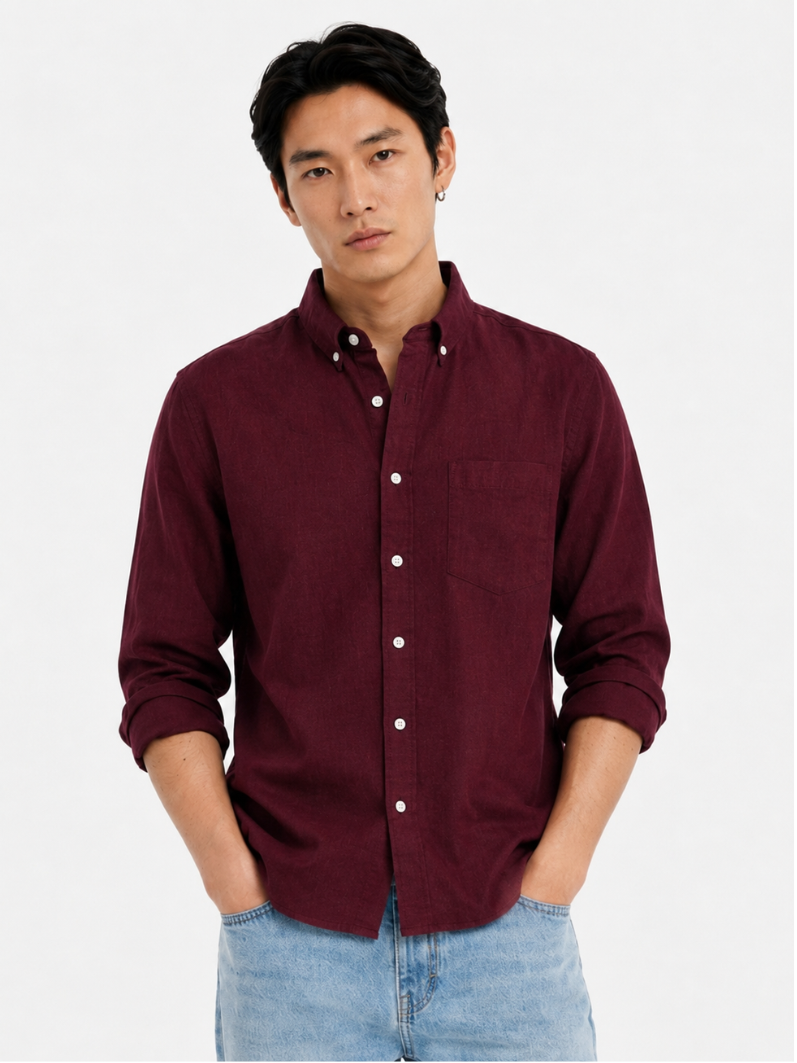 MEN LEI Men Maroon Linen Blend Casual Shirt