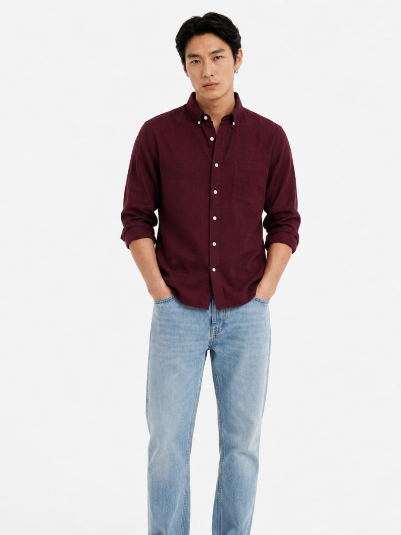 MEN LEI Men Maroon Linen Blend Casual Shirt
