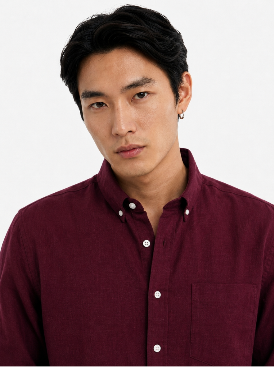 MEN LEI Men Maroon Linen Blend Casual Shirt