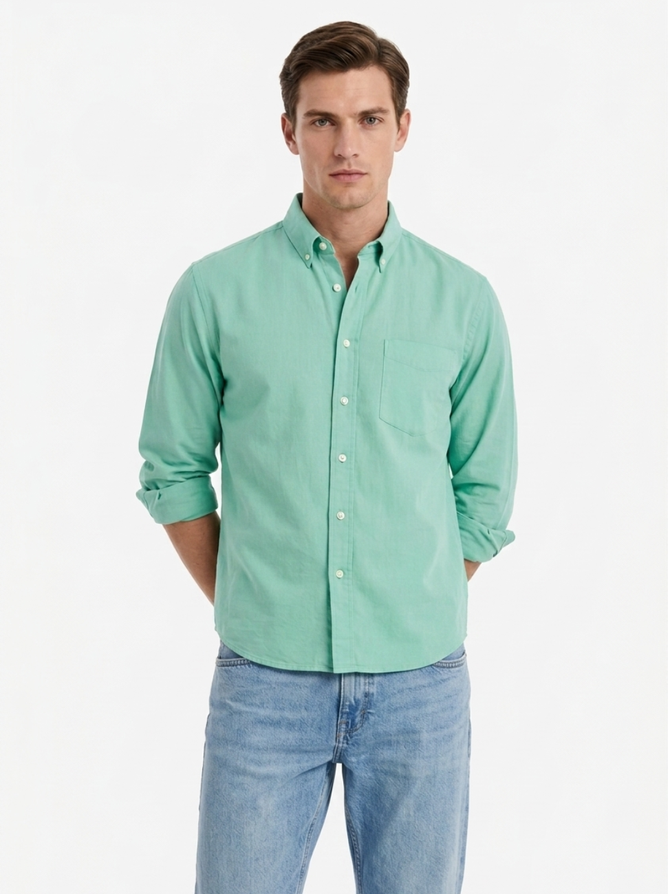 MEN LEI Men Mint Green Linen Blend Casual Shirt