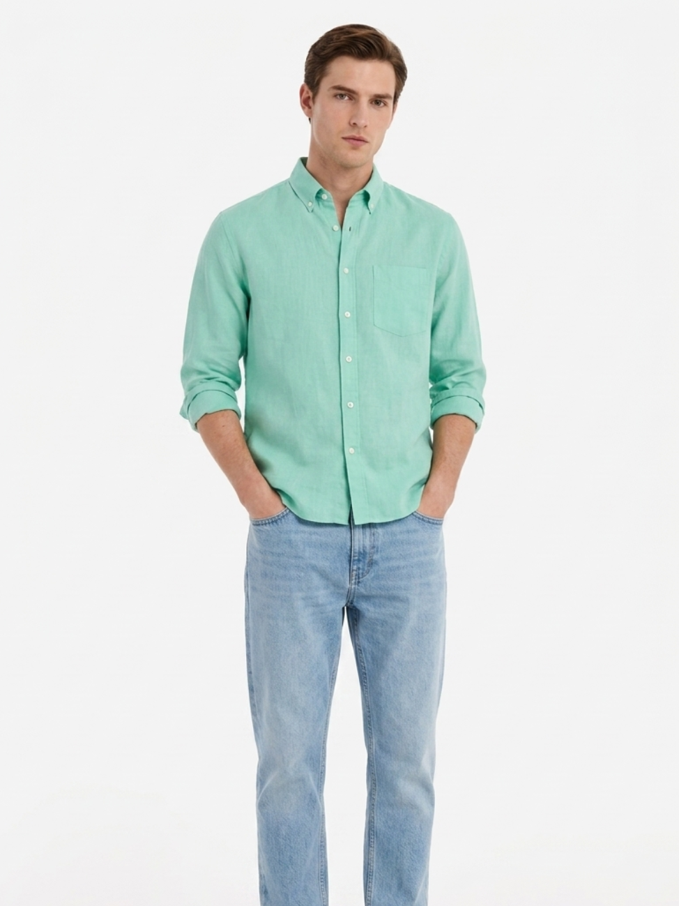 MEN LEI Men Mint Green Linen Blend Casual Shirt