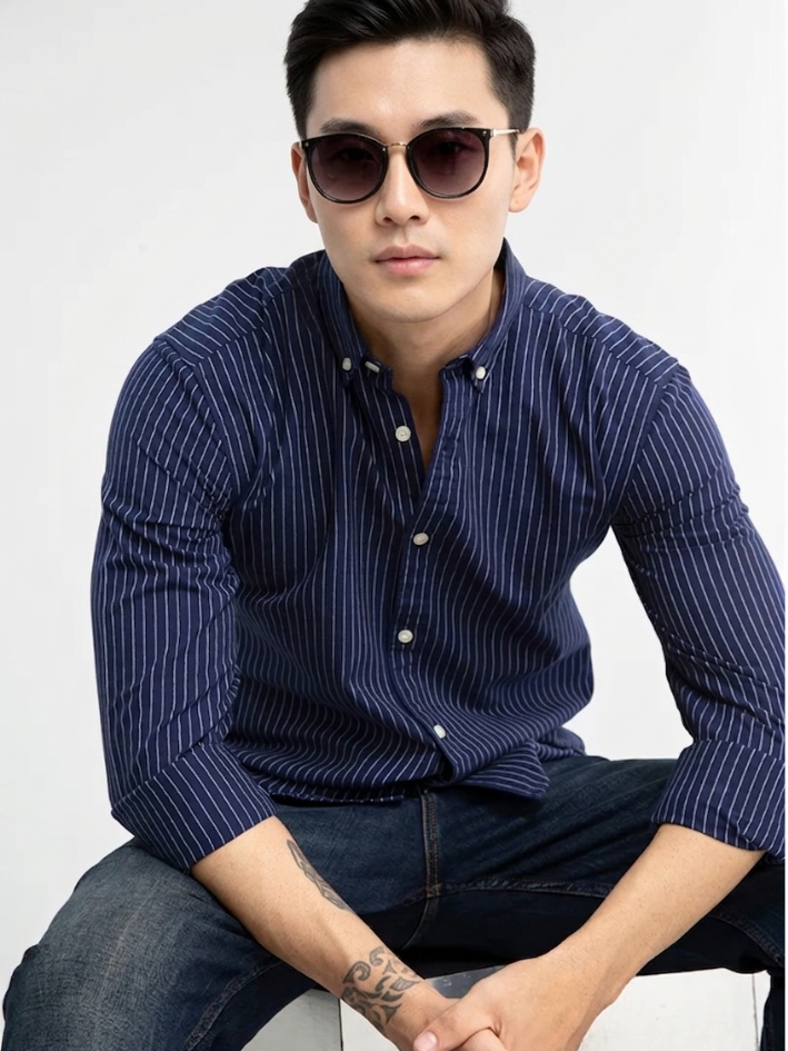 MENLEI Men Navy Blue Striped Cotton Linen Blend Shirt