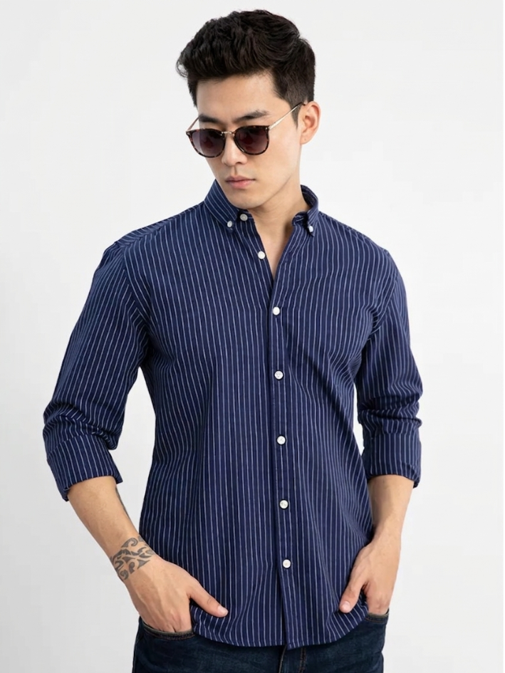 MENLEI Men Navy Blue Striped Cotton Linen Blend Shirt