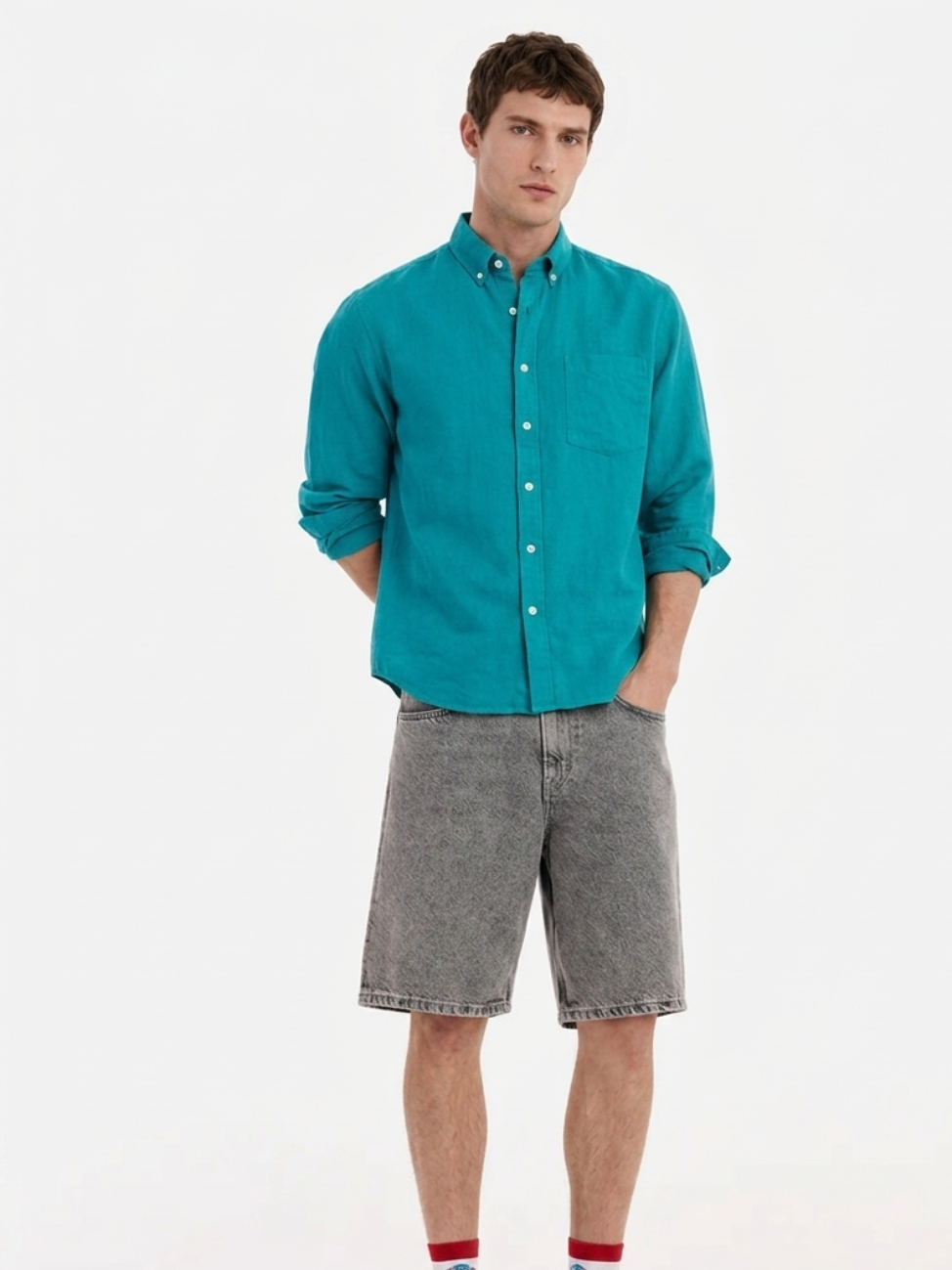 MEN LEI Men Turquoise Linen Blend Casual Shirt