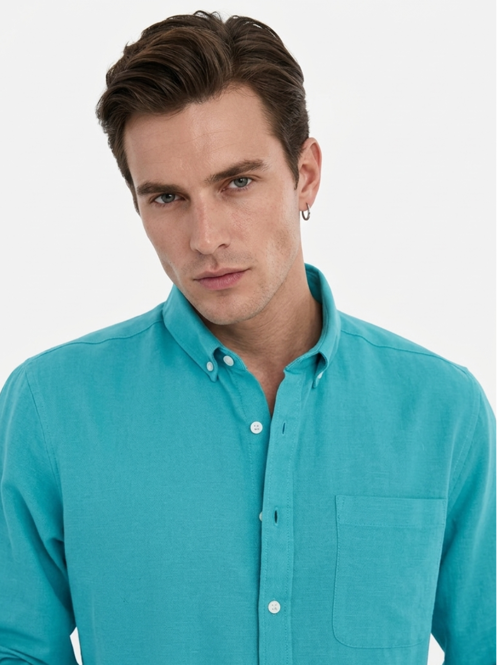 MEN LEI Men Turquoise Linen Blend Casual Shirt