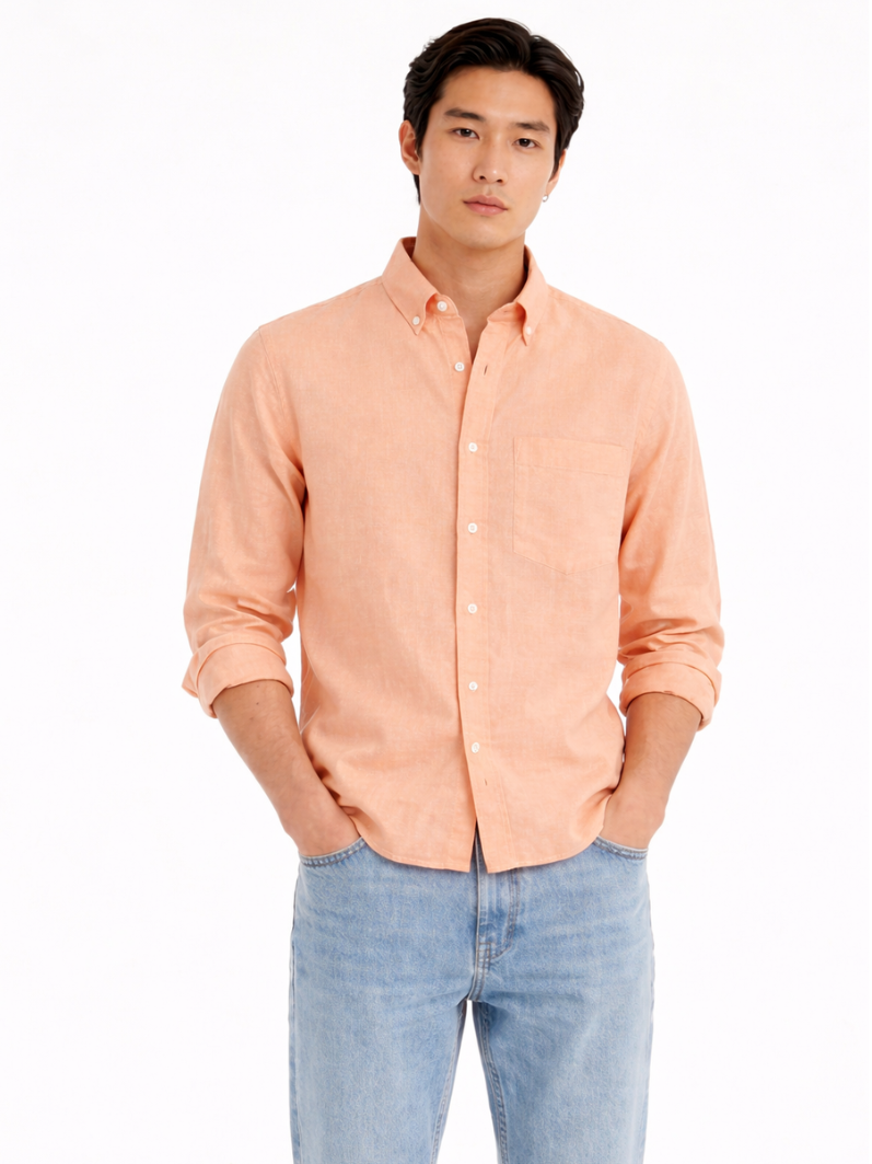 MEN LEI Men Peach Linen Blend Casual Shirt