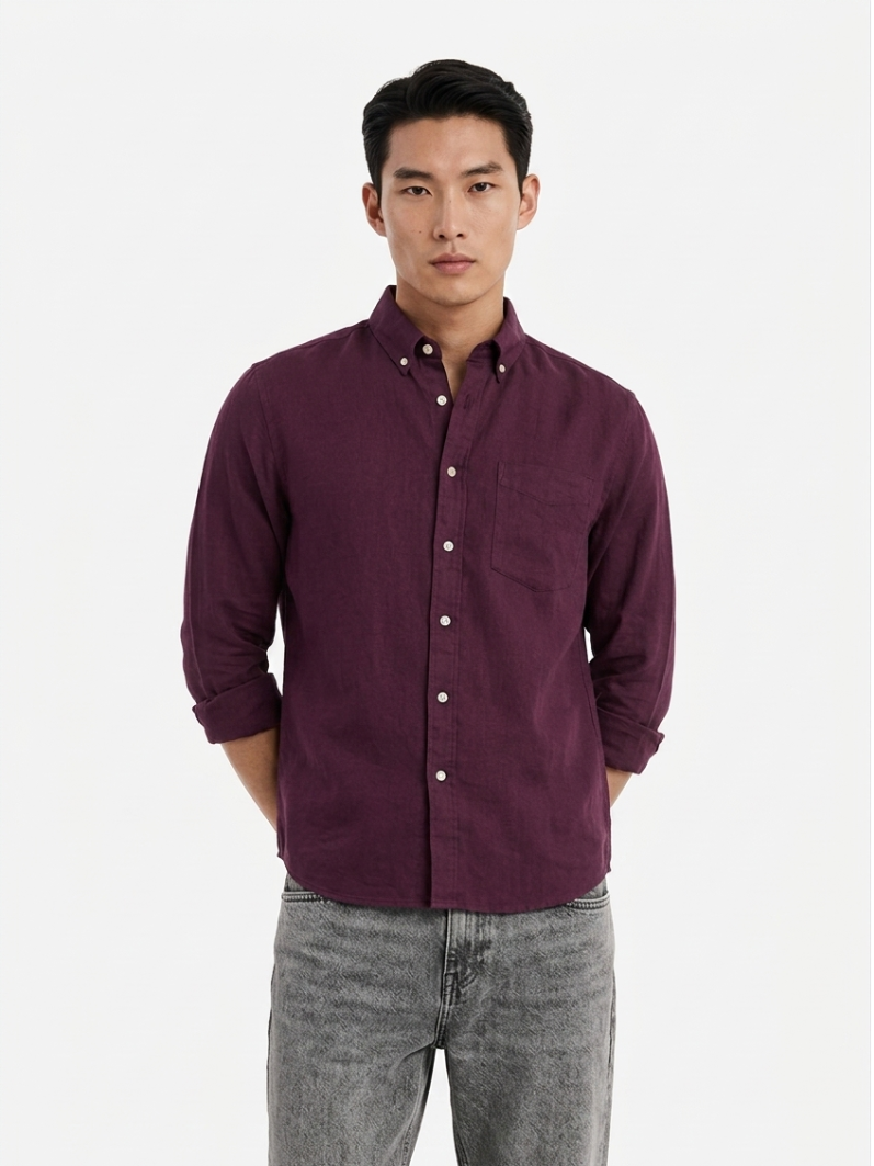 MEN LEI Men Plum Linen Blend Casual Shirt
